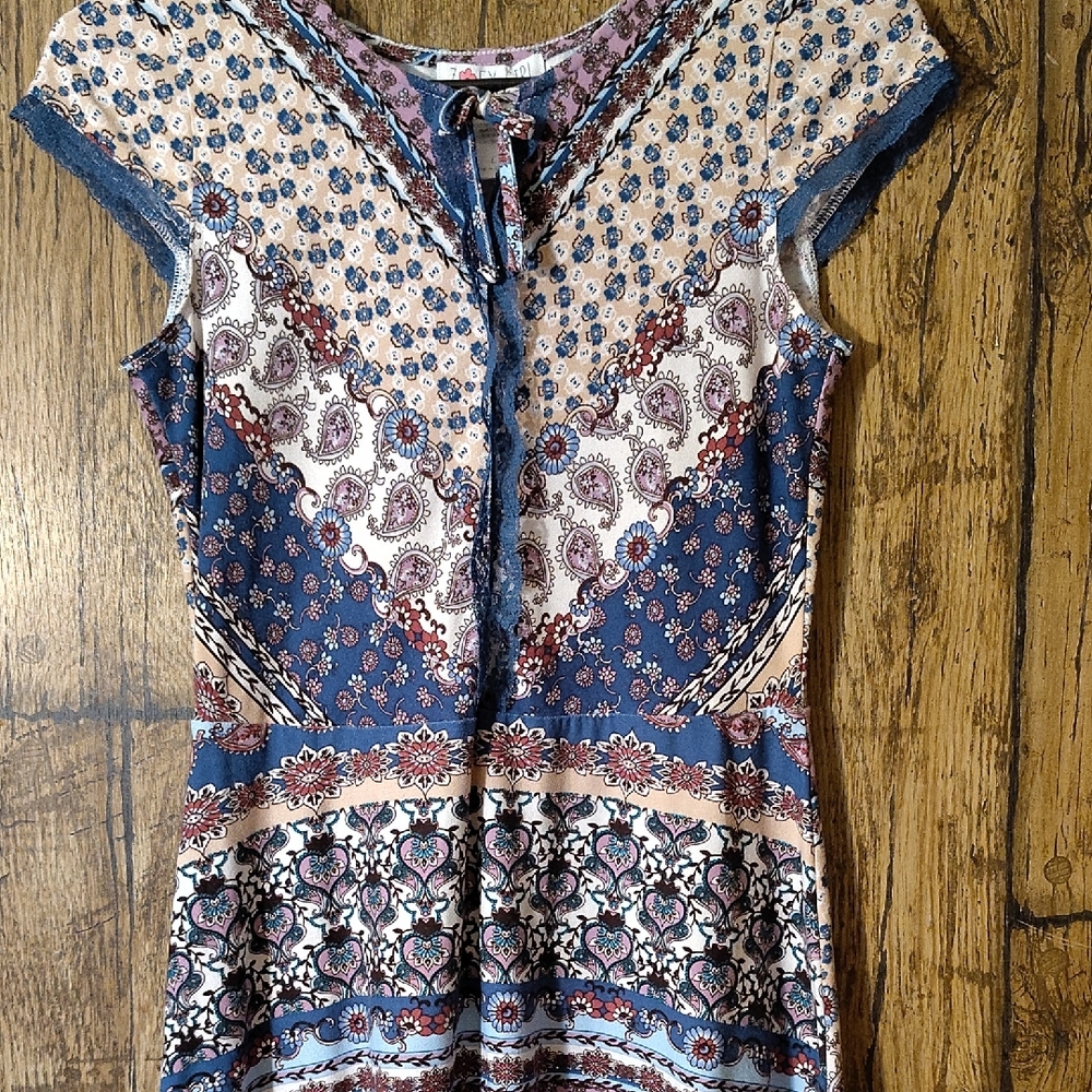 Boho Midi Dress with Tie Neck — Blue and Cream